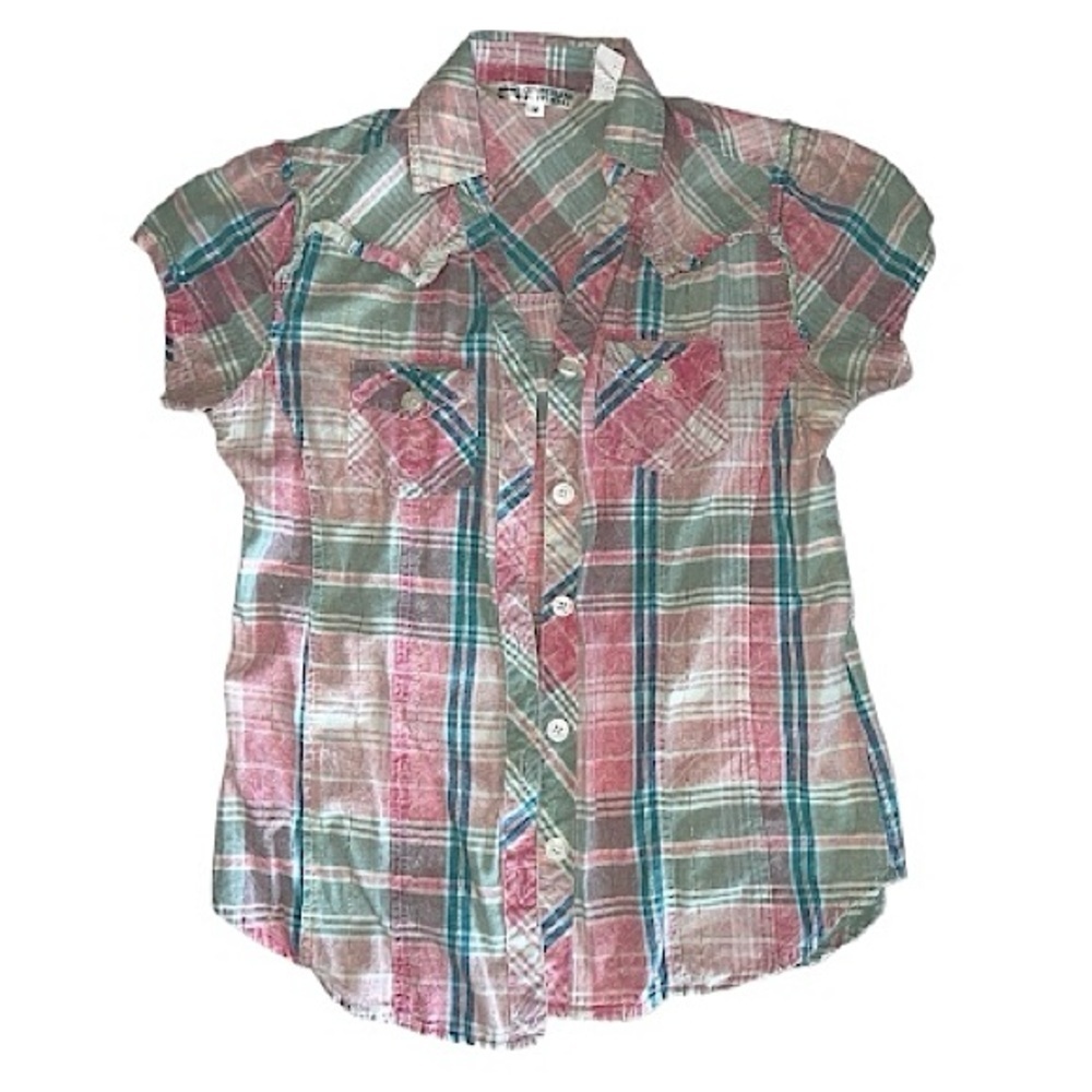 Cumberland Outfitters Pink Green Blue Plaid Ruffle Button Down Shirt Medium EUC